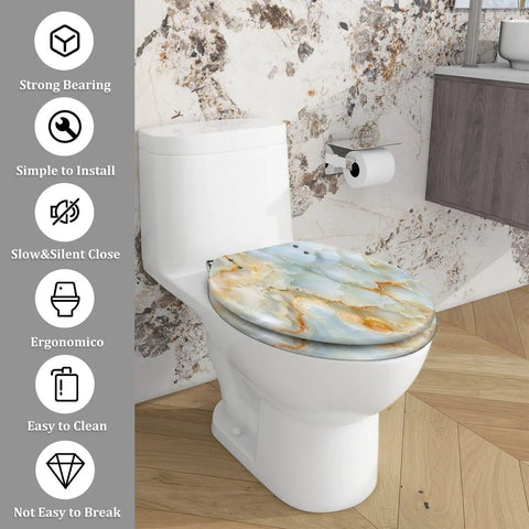 Elongated Toilet Seat for Bathroom with marble design, easy to clean, fits standard toilets, measures 14.5" x 18.5".