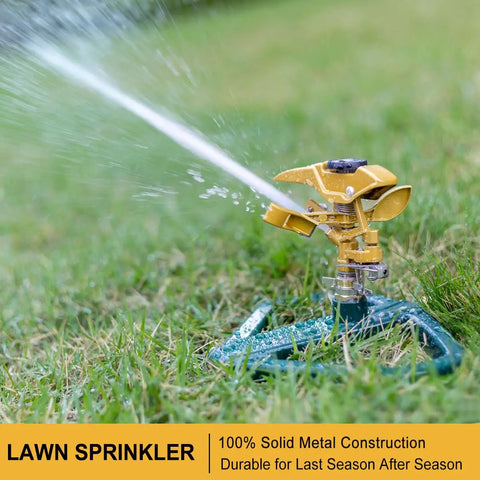 Heavy Duty Metal Pulsating Impact Lawn Sprinkler With Zinc Base, 360 Degree Adjustable Circular Sprinkler for Large Lawns