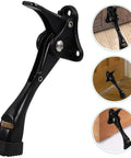 Foot Operated Door Stopper For Bottom Of Door No Drill Easy Install Invisible Kickdown Design Keeps Doors Open For Hands Free Access At Home Durable Secure Sleek Modern Door Holder in black metal, shown in multiple door positions.