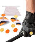 Grip Trainer For Golf Swing And Posture Correction Indoor Outdoor Practice Aid shown with golf glove holding a grip