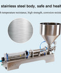 Built Tough Pneumatic Bottle Filler For Thick Liquids And Paste Stainless Steel Single Head Non Drip setup with funnel and rigid body.