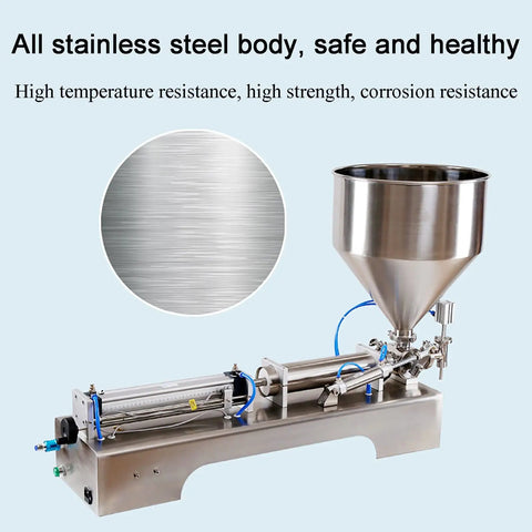 Built Tough Pneumatic Bottle Filler For Thick Liquids And Paste Stainless Steel Single Head Non Drip setup with funnel and rigid body.