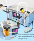 Heavy Duty Stainless Steel Semi Automatic Bottle Filler With Easy Digital Controls And No Sweat Anti Drip Nozzle For Beverages Spirits Oil Plug And Play Commercial Rig showing adjustable arm and LCD panel.