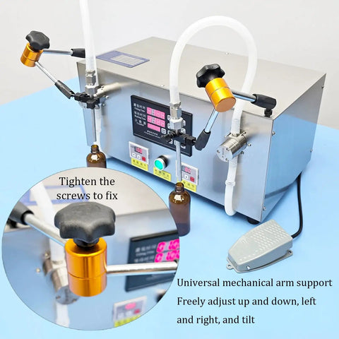 Heavy Duty Stainless Steel Semi Automatic Bottle Filler With Easy Digital Controls And No Sweat Anti Drip Nozzle For Beverages Spirits Oil Plug And Play Commercial Rig showing adjustable arm and LCD panel.