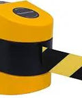Wall Mounted Retractable Barrier System With Heavy Duty Polyester Belt Slow Safe Retraction Brake Locking Belt End Space Saving Access Control For Restricted Areas in black/yellow webbing