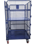 Heavy Duty Foldable Warehouse Trolley Built Like A Tank With Secure Steel Mesh Bins Four Swing Lock Doors And 1100 Pound Load Capacity Industrial Workhorse Cart, side view showcasing three shelves and rolling wheels.