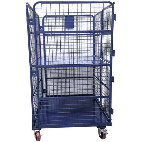 Heavy Duty Foldable Warehouse Trolley Built Like A Tank With Secure Steel Mesh Bins Four Swing Lock Doors And 1100 Pound Load Capacity Industrial Workhorse Cart, side view showcasing three shelves and rolling wheels.