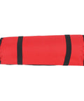 Portable Canvas Knife Roll With 20 Slots For Chefs And Home Cooks showing rolled up red canvas and black straps