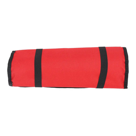 Portable Canvas Knife Roll With 20 Slots For Chefs And Home Cooks showing rolled up red canvas and black straps
