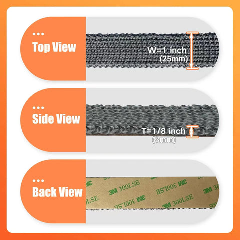 Fiberglass stove gasket tape; top, side, and back views; 1 in wide, 72 in long, self-adhesive with 3M backing