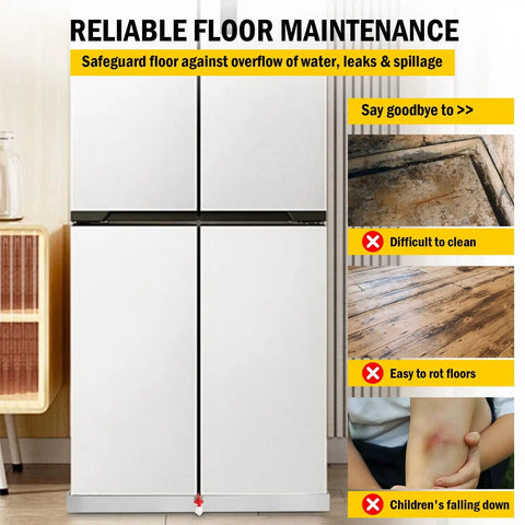 Infographic highlighting benefits of 27 By 25 Inch Washing Machine Pan For Washer Dryer including leak prevention and floor protection.