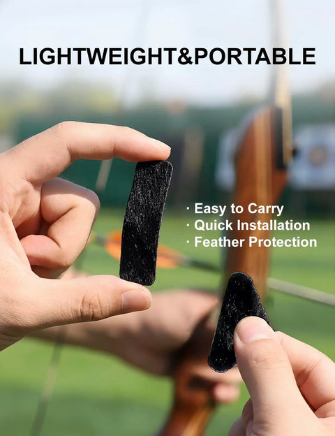 Five Pairs Traditional Recurve Bow Hair Arrow Rests Pre Cut Leather Shelf Pads With Triangle Plates For Killer Silent No Scrape Stealth Draws Super Smooth Frictionless Arrow Flight Perfect For Longbow Hunting And Barebow Practice being held by a hand.