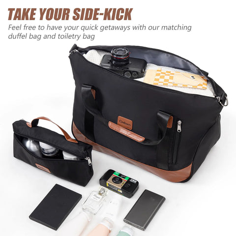 Cosbarn luggage set front view: two black bags with brown leather trim, including a large duffel and a small toiletry pouch