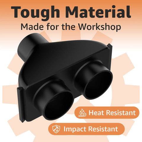 2.5 Inch Dust Collection Hose Splitter With Independent Blast Gates For Dual Hose Control In Shop Vac Setups Fits Ridgid Craftsman And Most Wet Dry Vacuums Patent Pending, showing heat and impact resistant material.