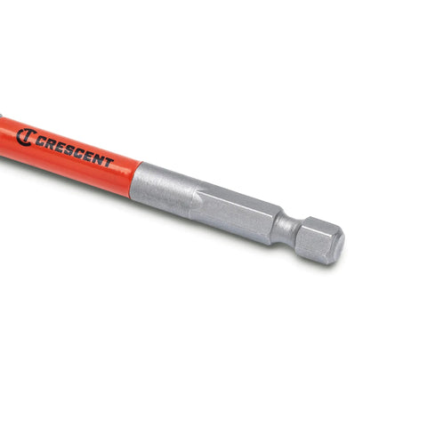 Close-up of hex shank on Two Piece Screw Point Paddle Drill Bit Set, 6-Inch Length By Seven-Eighths Inch Diameter, Go-Fast Speed Striker Design.
