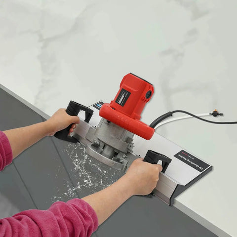 Heavy Duty Electric Tile Bevel Cutter And Chamfering Tool Fueled By A Beefy 1200 Watt Motor in use cutting tile edges.