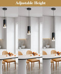 Black Industrial Pendant Lights 2 Pack With Adjustable Cords And E26 Sockets in dining area with modern decor.