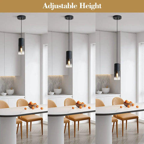 Black Industrial Pendant Lights 2 Pack With Adjustable Cords And E26 Sockets in dining area with modern decor.