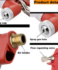 Pro Grade Air Texture Spray Gun With 1.58 Gallon Tank And Easy Swap 4 6 8 Millimeter Tips spray cap, air intake, flow regulating valve details.
