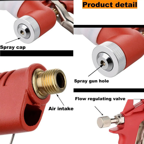 Pro Grade Air Texture Spray Gun With 1.58 Gallon Tank And Easy Swap 4 6 8 Millimeter Tips spray cap, air intake, flow regulating valve details.