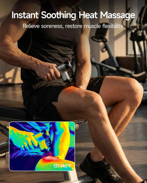 Man using Mini Massage Gun With Heat For Deep Tissue Relief on leg; inset shows heat intensity range 131-140°F.