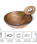 USZWBY Bathroom Vessel Sink Vanity Tempered Glass Vessel Bowl Sink Round Brown Above Counter Sink with Waterfall Faucet.
