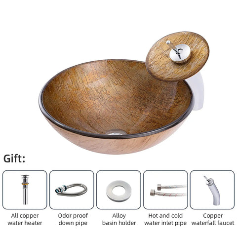 USZWBY Bathroom Vessel Sink Vanity Tempered Glass Vessel Bowl Sink Round Brown Above Counter Sink with Waterfall Faucet.