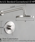 Complete Shower Faucet Set With Rain Shower Head Brushed Nickel Finish Anti Scald Pressure Balance Valve Trim Included No Fuss Install Durable Metal Build Lifetime Limited Warranty shown with dimensions