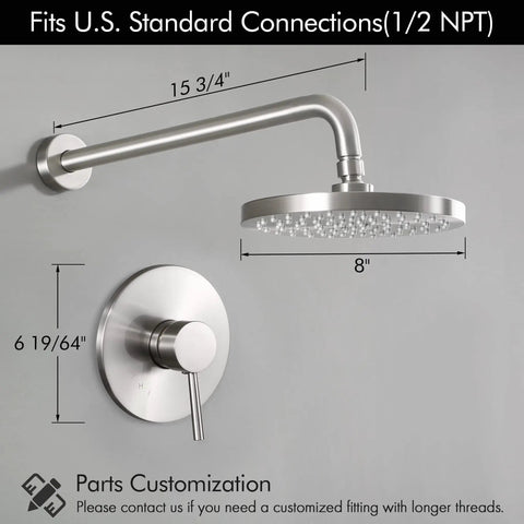 Complete Shower Faucet Set With Rain Shower Head Brushed Nickel Finish Anti Scald Pressure Balance Valve Trim Included No Fuss Install Durable Metal Build Lifetime Limited Warranty shown with dimensions