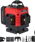 Pro Grade 16 Line 360 Degree Laser Level With Pulse And Manual Modes, Green Cross Line Projector, Self Leveling With Remote, red unit with accessory kit