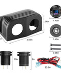 Tent Style Power Panel With 12V USB Outlet And Lighted Cigarette Lighter Socket PD3.0 And QC3.0 Car USB Port shown with dimensions