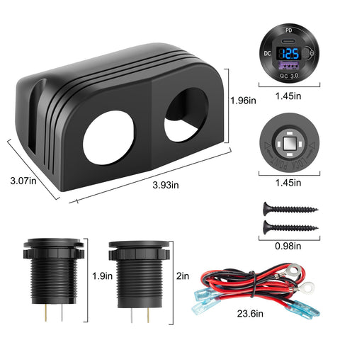 Tent Style Power Panel With 12V USB Outlet And Lighted Cigarette Lighter Socket PD3.0 And QC3.0 Car USB Port shown with dimensions