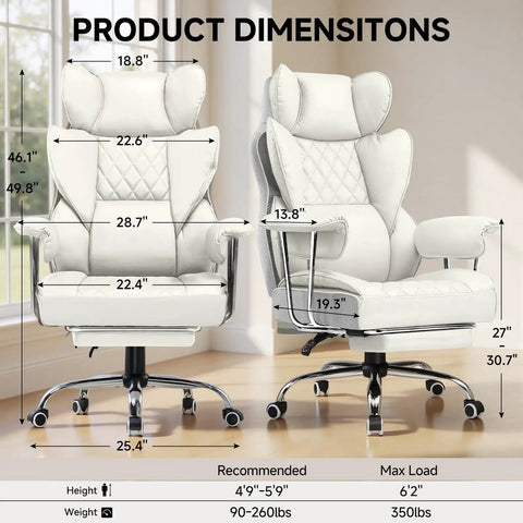Big And Tall Office Chair With High Back Leather Retractable Footrest And Ergonomic 3D Lumbar Support dimensions in a home office setting.