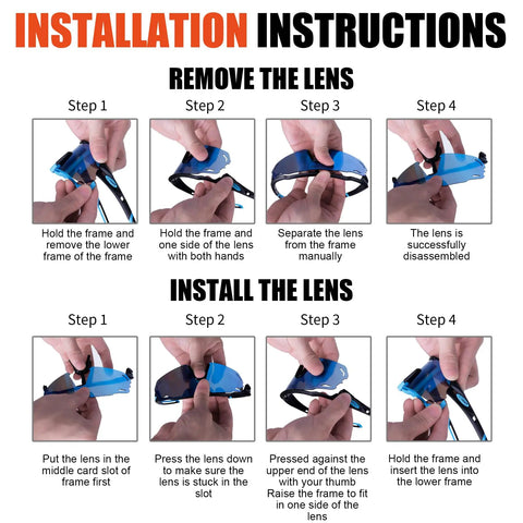 Installation instructions for Polarized Cycling Glasses With Five Interchangeable Lenses For MTB And Running Sports shown.