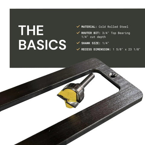 Floating Shelf Bracket Router Guide Kit with precision router bit inset and recess information for 1.5 inch floating shelves