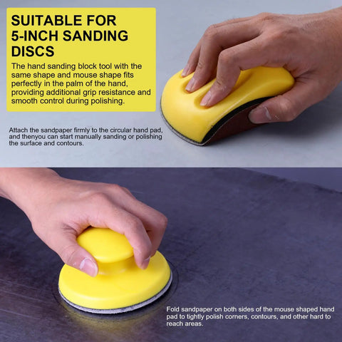 Top and side view of yellow Two Pack 5 Inch Mouse Hand Sanding Block Set With Hook And Loop Grip for Woodworking Furniture Restoration.