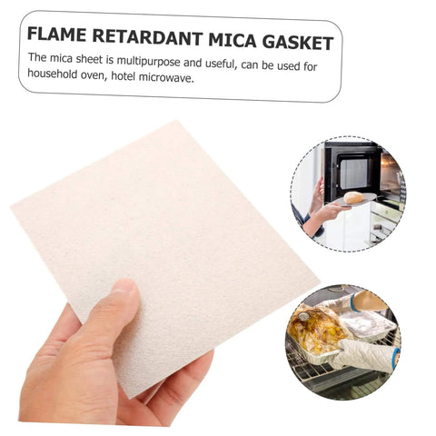 Hand holding flame retardant mica sheet, with images showing microwave installation and oven use. 10 Piece Mica Plates 150x120mm Microwave Heat Insulation And Fireproof Sheets Anti Oil Kitchen Accessory For Oven Use Durable High Temp Heat Shield For Heavy Use In Busy Kitchens.
