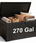 Heavy Duty 270 Gallon Outdoor Storage Box With Solid Locking Lid, Built Like A Tank For Rain Or Shine, Resin Deck Crate For Patios Yards And Pools, Keeps Cushions Locked Down Tight In Black filled with blankets and cushions.