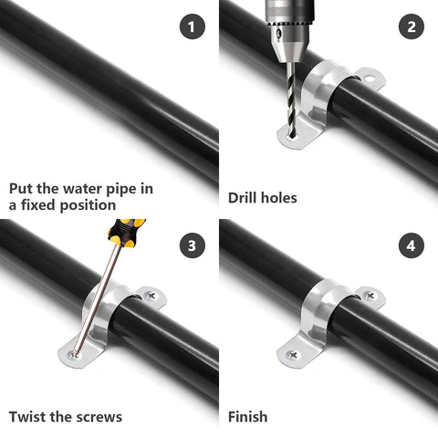 1/2 in stainless steel conduit clamps with two-hole U-bracket; four-step pipe installation collage