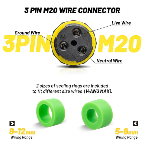 Outdoor 3 Pole Junction Box IP68 Waterproof M20 Cable Gland Wire Connector Kit For 5 To 12mm Cables UL Listed Flame Retardant 3 Pin Box, 9-12mm rings