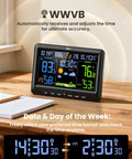 All In One Indoor Outdoor Weather Station With Atomic Clock, Wireless Temperature And Humidity Monitor on a wooden table.
