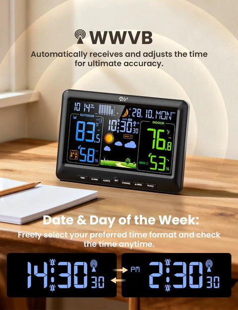 All In One Indoor Outdoor Weather Station With Atomic Clock, Wireless Temperature And Humidity Monitor on a wooden table.