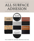 Hella Durable All Surface Clear Topcoat Spray showing wood, metal, glass, wicker, plastic, and laminate samples for adhesion testing.