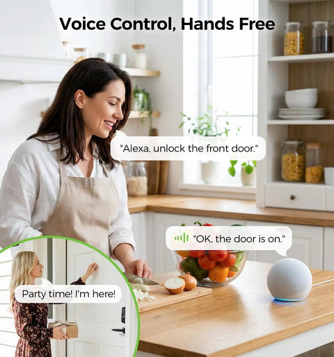 Woman using voice command with Alexa in kitchen to unlock front door with Slick WiFi Smart Door Lock For Front Door Keyless Entry Deadbolt With Handle Set Fingerprint Pin Code Alexa And Google Assistant App Control Voice Access Secure Your Spot Total Game Changer.