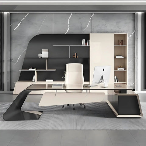 Built Tough Executive Standing Desk With Roomy Drawers And Smart Storage Plus Stain Resistant Finish For Killer Home Office Setups And Daily Grind Workstations Spanning 94 Inches Wide in modern office setting with gray accents.