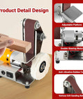 Rock Solid 7 Speed Mini Belt Sander Featuring Ultra Quiet Performance And 20 Tough Sanding Belts For Precision Woodworking showing adjustable platform and various grit sanding belts.