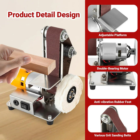 Rock Solid 7 Speed Mini Belt Sander Featuring Ultra Quiet Performance And 20 Tough Sanding Belts For Precision Woodworking showing adjustable platform and various grit sanding belts.