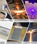 Dubofu laser safety goggles collage; black-framed, green-lensed eye protection for multi-wavelength laser use (cosmetic, cutting, engraving, welding).