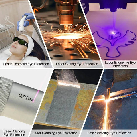 Dubofu laser safety goggles collage; black-framed, green-lensed eye protection for multi-wavelength laser use (cosmetic, cutting, engraving, welding).