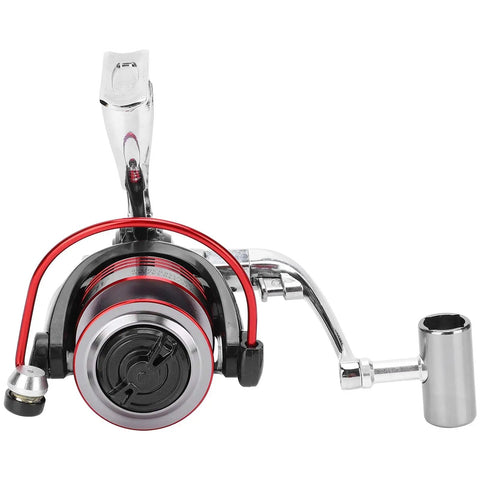 Front view of the Beast Metal Spinning Reel With 13 Plus 1 Ball Bearings and 5.0 To 1 Gear Ratio, foldable rocker arm visible.